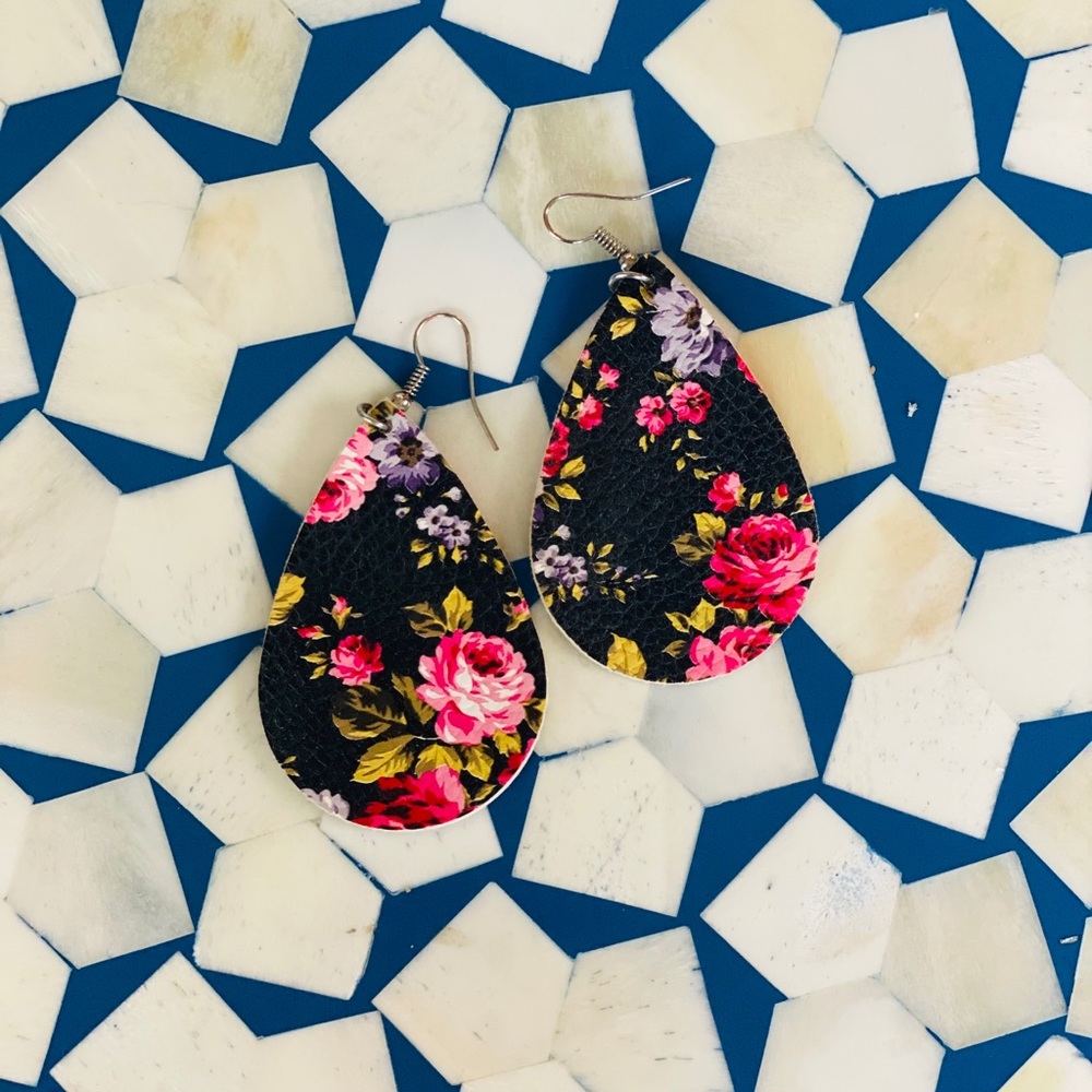 Black floral leather earrings
